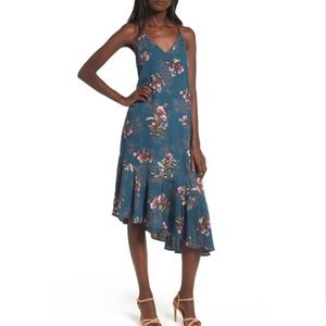 Soprano | Dark Teal Floral Print Asymmetric Ruffle Hem Slip Dress *NWT*